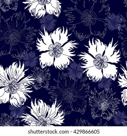 Seamless pattern with white flowers on a blue background. Hand drawn floral texture.