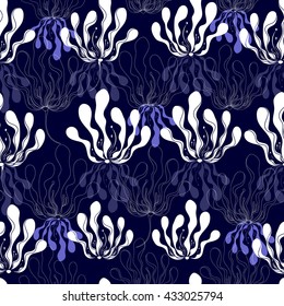 Seamless pattern with white flowers on a blue background. Hand drawn floral texture.