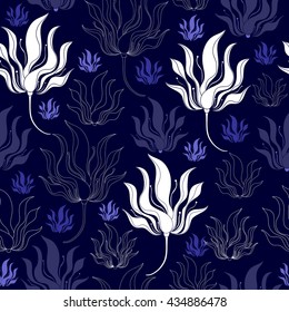 Seamless pattern with white flowers on a blue background. Hand drawn floral texture.