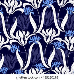 Seamless pattern with white flowers on a blue background. Hand drawn floral texture.