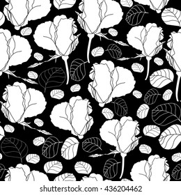 Seamless pattern with white flowers on a black background. Hand drawn floral texture.Black and white seamless pattern with roses.