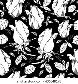 Seamless pattern with white flowers on a black background. Hand drawn floral texture. Black and white seamless pattern with roses.