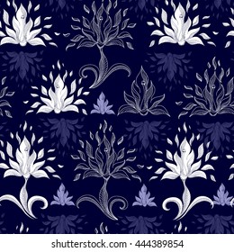 Seamless pattern with white flowers on a blue background. Hand drawn floral texture.