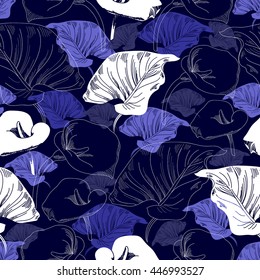 Seamless pattern with white flowers on a blue background. Hand drawn floral texture.