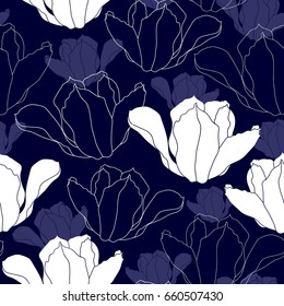 Seamless pattern with white flowers on a blue background. Hand drawn floral texture.
