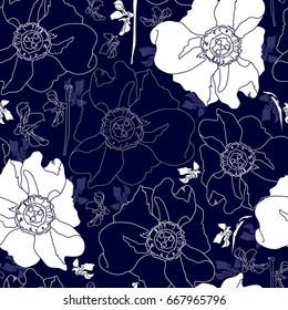 Seamless pattern with white flowers on a blue background. Hand drawn floral texture.