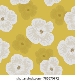 Seamless pattern with white flowers on a yellow background. It can be used for packing of gifts, registration of notebooks, diaries, tiles fabrics backgrounds. Vector illustration.
