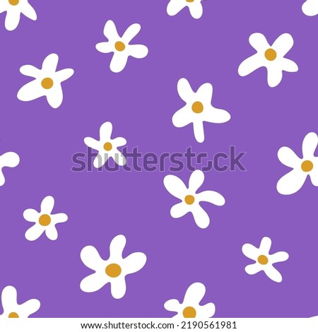 Seamless pattern with white flowers on violet background. Hand drawn vector illustration. Trendy texture for print, textile, fabric, packaging.