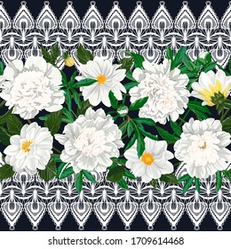 Patrón sin soldadura con flores blancas peonías y dahlia sobre un fondo oscuro.