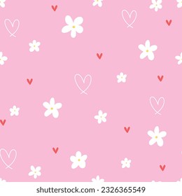 Seamless pattern with white flowers, red and white hearts on pink background. Vector illustration.
