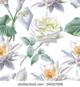 Seamless pattern with white flowers. Rose. Calla. Lily. Watercolor. Vector. Hand drawn.