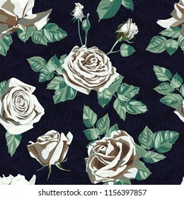 Seamless pattern of white flowers roses and leaves on a dark background.