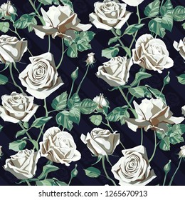 Seamless pattern of white flowers roses and leaves on a dark background.