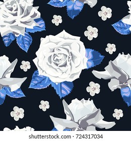 Seamless pattern of white flowers roses and blue leaves.