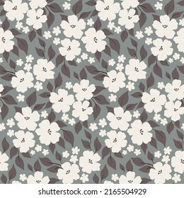 Seamless pattern with white flowers in rustic style. Pretty floral print, delicate botanical background with small hand drawn flowers, leaves on a blue field. Romantic botanical surface design. Vector