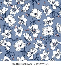 Seamless pattern. White flowers in a vector on a blue background. Design for wrapping paper. Festive background. Design for printing on fabric