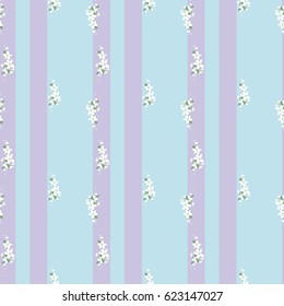 Seamless pattern with white flowers and vertical stripes on a blue background. Spring light airy texture. vector.