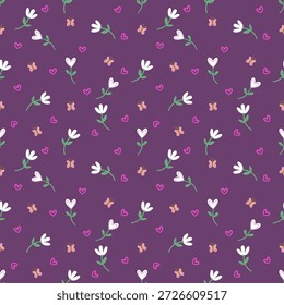 Patrón sin fisuras de flores blancas, mariposas en forma de corazón y lindas dispuestas sobre un fondo púrpura, perfecto para la decoración del hogar, telas, Fondos de pantalla, papel de regalo, papelería y varios proyectos de diseño.