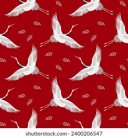 Seamless pattern, white flying cranes, storks on a red background. Abstract background, textile, wallpaper, vector