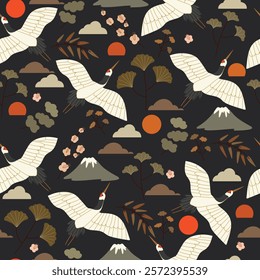 Seamless pattern, white flying cranes, red  sun, mountains, sakura and leaves on black background. Abstract background, textile, wallpaper, vector