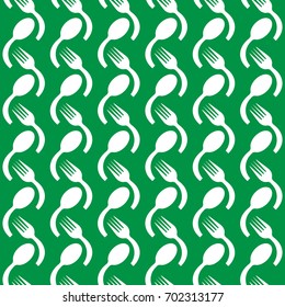 Seamless pattern of white fork and spoon set on green background. EPS10 vector illustration for table cloth, restaurant menu, banner, template, wallpaper, cooking school leaflet. Utensil pattern.