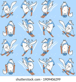 Seamless pattern with white foxes in blue scarves on skis with dark outline. Animalistic vector background. Orange, red and blue tones. Can be used for wallpapers, pattern fills, textile