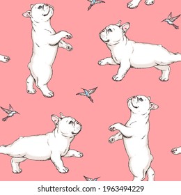 Seamless pattern with white French bulldogs and birds. Cute background with animals