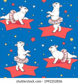 Seamless pattern with white french bulldogs and stars. Cute background with animals	