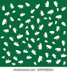 Seamless pattern of white frog silhouettes on a green background. Playful amphibian design perfect for textiles, wallpapers, and children's products.