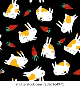 Seamless pattern: white funny rabbits and carrots on a black background. Vector illustration for fabric and textile