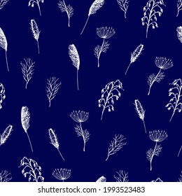 Seamless pattern with white garden herbs on blue background
