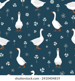 Seamless pattern with white geese among clover leaves. Summer vector illustration