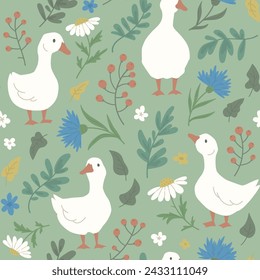 Seamless pattern with white geese, daisies, cornflowers and twigs