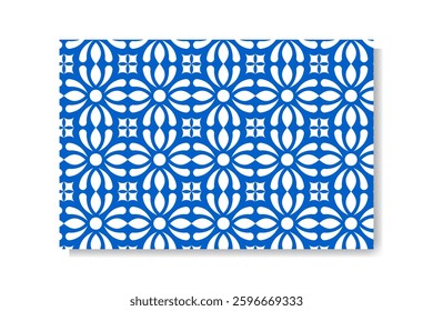 seamless pattern of white geometric flowers on blue background