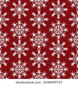 Patrón sin fisuras de copos de nieve geométricos blancos sobre fondo de Navidades rojas