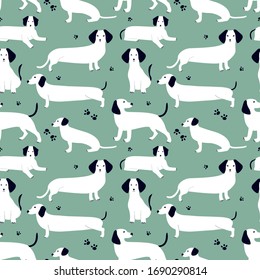 Seamless pattern with white german badger-dog, dachshund. Cute cartoon character. Animal print.