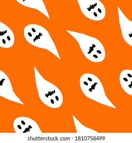 Seamless pattern with white ghosts on orange background. Simple cartoon style. Cute and funny. Halloween decoration. Scary and creepy creatures. For postcards, wallpaper, textile and wrapping paper