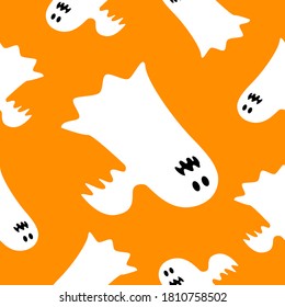 Seamless pattern with white ghosts on orange background. Simple cartoon style. Cute and funny. Halloween decoration. Scary and creepy creatures. For postcards, wallpaper, textile and wrapping paper