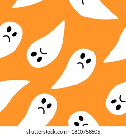 Seamless pattern with white ghosts on orange background. Simple cartoon style. Cute and funny. Halloween decoration. Scary and creepy creatures. For postcards, wallpaper, textile and wrapping paper