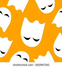 Seamless pattern with white ghosts on orange background. Simple cartoon style. Cute and funny. Halloween decoration. Scary and creepy creatures. For postcards, wallpaper, textile and wrapping paper