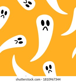 Seamless pattern with white ghosts on orange background. Simple cartoon style. Cute and funny. Halloween decoration. Scary and creepy creatures. For postcards, wallpaper, textile and wrapping paper