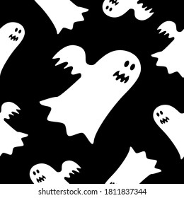 Seamless pattern with white ghosts on black background. Simple cartoon style. Cute and funny. Halloween decoration. Scary and creepy creatures. For postcards, wallpaper, textile and wrapping paper