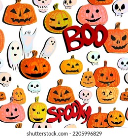 Seamless Pattern of White Ghosts, Orange Pumpkins and Red Boo word