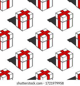 Seamless pattern white gift box present with red ribbon and shadow. Continuous line christmas ornament, wallpaper, wrapping paper print. Holiday sketch texture on white background. Vector illustration