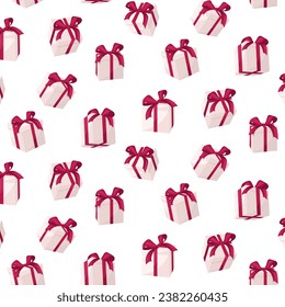 Seamless pattern white gift boxes with red bow and ribbon. Holiday present boxes. Template for greeting card on Christmas, New Year, birthday and anniversary.
