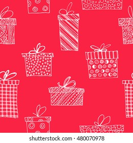 Seamless pattern with white gifts on red background