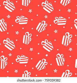 Seamless pattern with white gifts and stars on red background