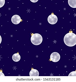 Seamless pattern of white glass christmas ball with snowflakes on blue background. Childish pattern for card, invitation, album, scrapbook cover, holiday wrapping paper, textile fabric, garment 