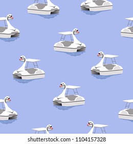 seamless pattern white goose paddle boat on blue water, vector illustration