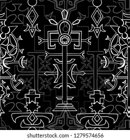 Seamless pattern with white gothic fantasy crosses on black. Fantasy decorative illustration, vector gothic symbols, occult abstract background